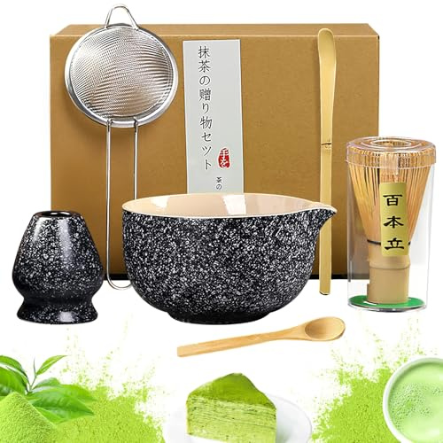 Healife Matcha Besen Set, 6 Stück Matcha Tee Set mit Matcha Besen, Edelstahlsieb, Matcha Schale, 2 Matcha Löffel, Besenhalter aus Keramik, Japanisches Matcha Tee Set für Matcha-Liebhaber（Schwarz）