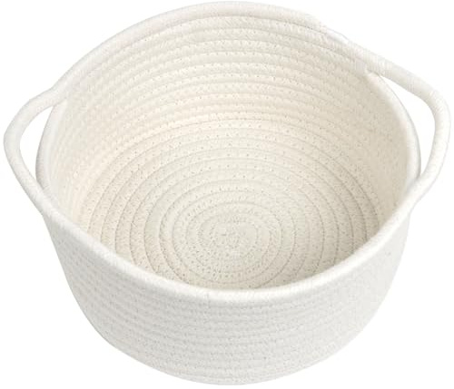 Small Woven Basket with Handle, Small Cute White Storage Baskets for Organizing, Tiny Decorative Round Cotton Rope Woven Closet Storage Bin, Baby Boho Empty Gift Basket for Nursery