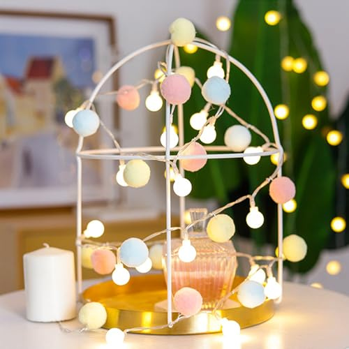 ENLACE Lichterkette Innen, Makronen-Farbige Pom Pom Lichterkette 20 LED Batteriebetrieben, Kugel Lichterketten für Schlafzimmer, Valentinstag, Hochzeit, Party, Weihnachten, Wohnkultur