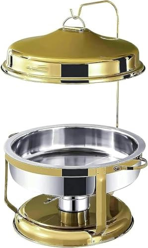 JKJZSALJ Chafing Dish Rotondo in Acciaio Inossidabile da 9 Litri,Portavivande E Scaldavivande di Dimensioni Standard con Teglia per Alimenti,Contenitori per Combustibile E Coper,Gold