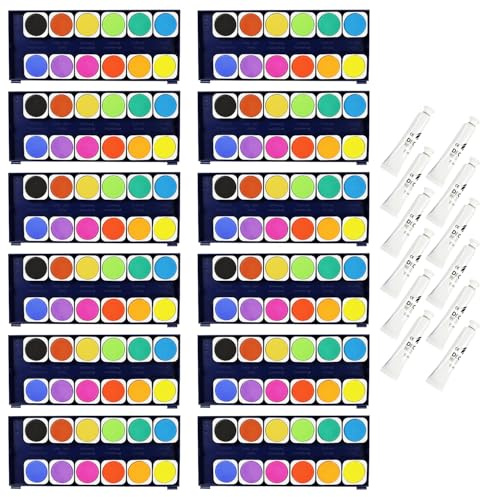 com-four® 12x Deckfarbkästen mit je 12 Farben & 1x Deckweiß - Wasserfarben Malkasten für Kinder & Schüler - Farbkasten mit Mischpalette, Pinselfach & abnehmbarem Deckel (Deckfarbkasten bunt)