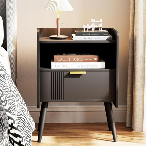 Bedside Table, Nightstand, Bed Side Table with Wood Decorated Drawers
