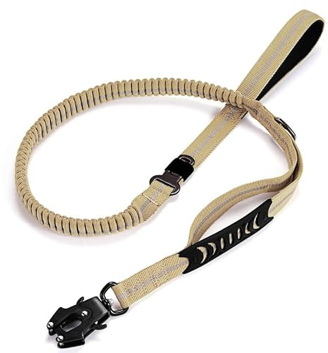 Quppa Laisse Tactique pour Chien, résistante avec Mousqueton à dégagement Rapide, réfléchissante, Ceinture de sécurité pour Voiture, Laisse élastique résistante avec Amortisseur pour Chiens, Kaki