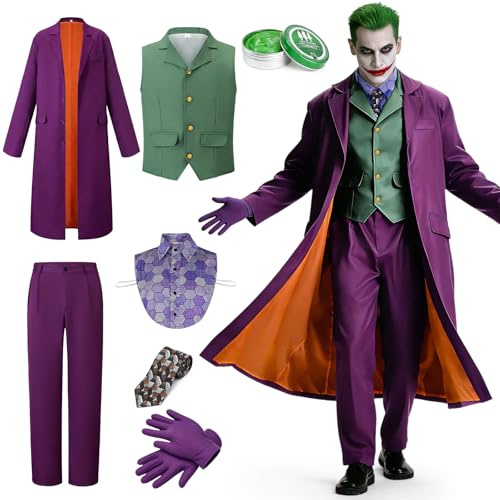 Beeoecm Travestimento Joker Uomo, Costume Joker Assassino Adulti Costume Horror Clown Uomo con Cappotto Viola, Gilet Verde, Pantaloni, Cravatta, Finto Colletto della Camicia e Guanti (XXL)