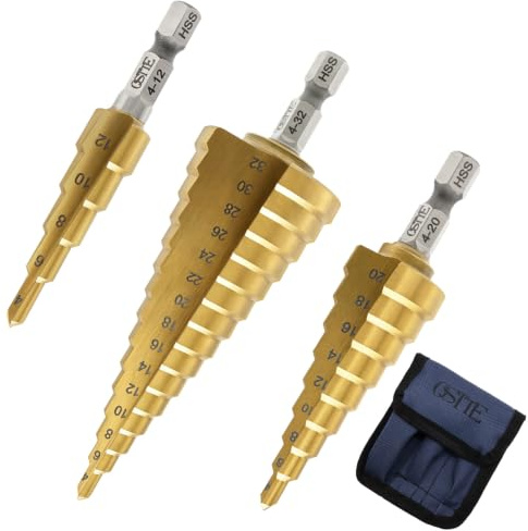 HSS Foret étagé, Set de 3 forets étagés, Revêtus de titane, 6,35 mm de tige hexagonale, Foret conique à rainure droite précise, 4 mm à 12/20/32 mm Ensemble de forets professionnels pour métal, laiton