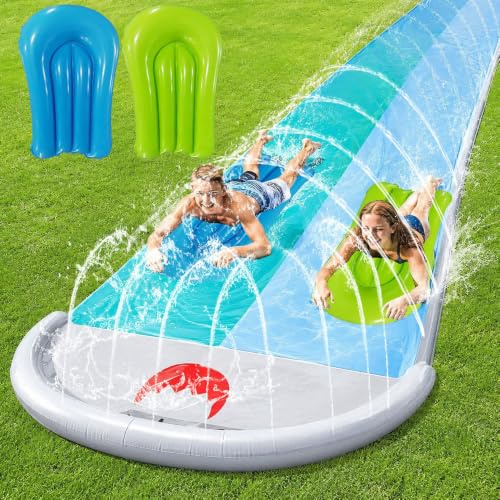 CLIUNT Water Slide Mat, 18ft/550cm Lawn Water Slides for Kids, Slip and Slide Water Slide With 2 Bodyboards, Built-in Sprinkler, Shark Style, for Kids and Adults Summer Garden Water Playground Outdoor