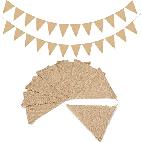 G2PLUS 4M Hessian Burlap Bunting - 12PCS Rustic Linen Bunting Flags - Outdoor Linen Burlap Banner - Natural Hessian Garlands for Garden Wedding Party Decoration