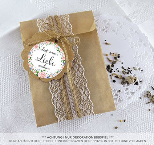 Blütensamen Tüten Set 24 Sticker LASST UNSERE LIEBE WACHSEN ROSA GRÜN ROSENKRANZ 4cm matt rund + 24 Flachbeutel braun 130 x 95 + 16 mm Hochzeit Taufe Blüten Samen Gastgeschenke Geburtstag