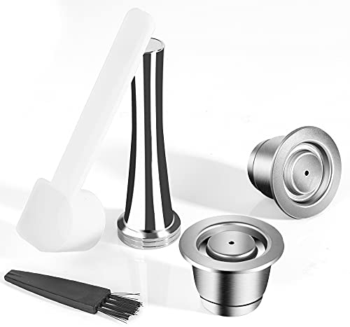RECAFIMIL Lot de 2 dosettes à café réutilisables en acier inoxydable compatibles Nespresso avec 1 presse 1 cuillère et 1 brosse