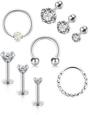 LAURITAMI Helix Tragus Ohrringe Stecker Ringe Chirurgenstahl 8mm 16G Hufeisen Ring Knorpel Labret Lippe Piercing