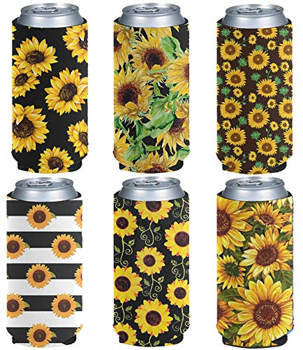 Pizding 6 Pack Durable Standard Beer Can Sleeves, Insulators Drink Cooler Covers Beer Holders for Bottles and Cans to Keep Cold Party Wedding Sports Event Family Picnic Use Yellow Sunflower Series