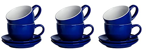 Argon Tableware Navy Cappuccino Cups with Saucers - Set of 6-250ml Dishwasher Safe Gloss Stoneware Cappuccino Cups and Saucer Set Coffee Mugs with Handle and Grooved Plate