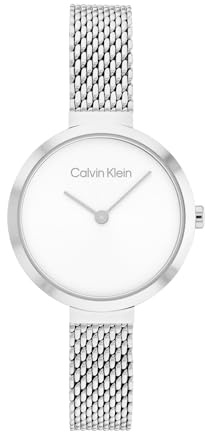 Calvin Klein Analog Quarzuhr für Damen Kollektion Minimalistic T BAR 28MM MESH mit Silbernes Edelstahl-Mesh-Gliederarmband - 25200082
