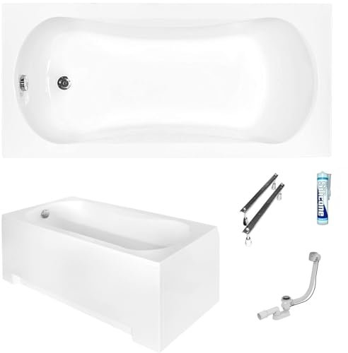 ECOLAM Baignoire rectangle Aria 140x70 cm | tablier en acrylique | pieds siphon + silicone | Baignoire acrylique blanc | set complet baignoire rectangulaire