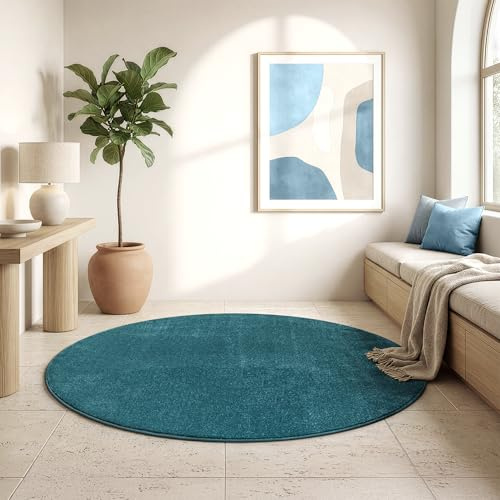 SANAT Kurzflor Teppich Wohnzimmer - Uni Modern Teppiche fürs Schlafzimmer, Arbeitszimmer, Büro, Flur, Kinderzimmer und Küche - Dunkelblau, 120 cm Rund