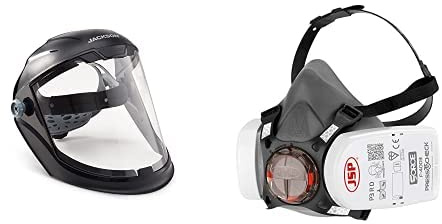 Jackson Safety 14201 Maxview Face shield/Face guard anti-fog coating, visor and headgear, Black Bundle with JSP Force 8 Half Mask Respirator, JSP Press to Check P3 Dust Filters, BHT0A3-0L5-N00, Grey