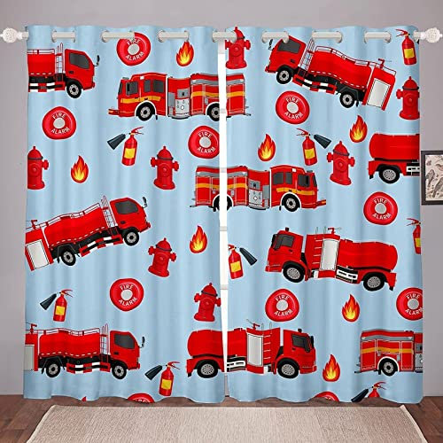 JOMAKE Rot Vorhang 3D Feuerwehrauto Blickdicht Gardinen mit Ösen 2 Stück Verdunkelungsvorhänge Junge Mädchen Vorhang Verdunkelung Wärmeisolierend Schlafzimmer Gardine 2 x 91.5 x 214 cm（B X H）