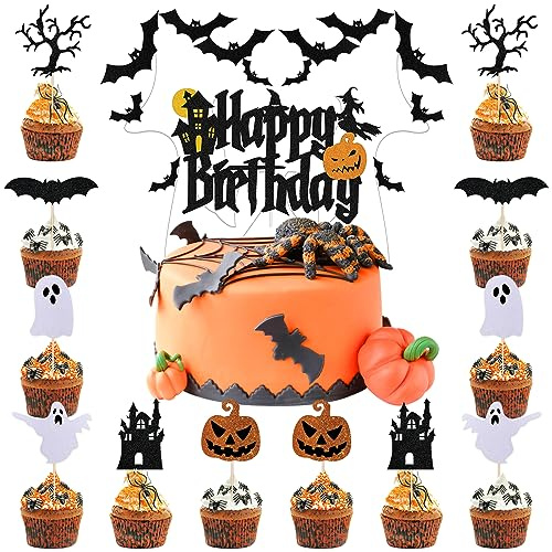 Lets Joy Halloween Birthday Cupcake Toppers, 25 Stück Halloween Muffin Deko, Kuchendekoration, Cupcakes, Fledermäuse Kürbisse Ghost Kürbis Deko, Party Cupcake Deko