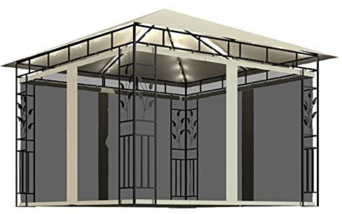 Homgoday Gazebo con Zanzariera e Luci LED 3x3x2,73 m Crema, Gazebo da Giardino, Gazebo Ombrellone da Giardino Spiaggia Pesca Esterno Antivento per Arredo Giardino Terrazzo Ambienti