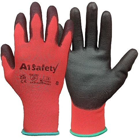A1SAFETY 24 Pairs PU Coated Safety Work Gloves Black Palm Red Liner Mens Womens Gardening Gloves Ideal for Builders, Mechanics, Warehouse, DIY (Large)