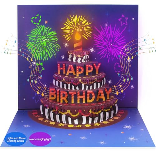 Hewwooy Geburtstagskarte mit musik Feuerwerk Licht, LED happy birthday karte,glückwunschkarten kerze 3D lustige Inklusive Umschlag und Kärtchen für Familie und Freunden
