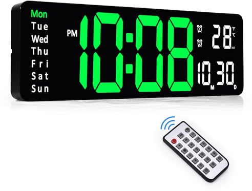Sukeen Digital Wall Clock, 13 Digital Clock Wall Clock Alarm Clock with Remote Control/Count Up & Down/10-Level Dimming/Dual Alarm/Date/Temperature for Home, Office, Workshop, Gym Clock - Green