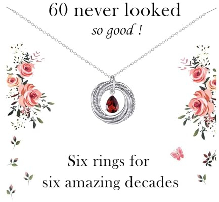 VOSAP 60th Birthday Gifts for Women, Best Friend Birthday Gifts, Sterling Silver 6 Rings Chain Necklace Jewellery 60th Birthday Gifts for Her Mum Daughter Sister, Red