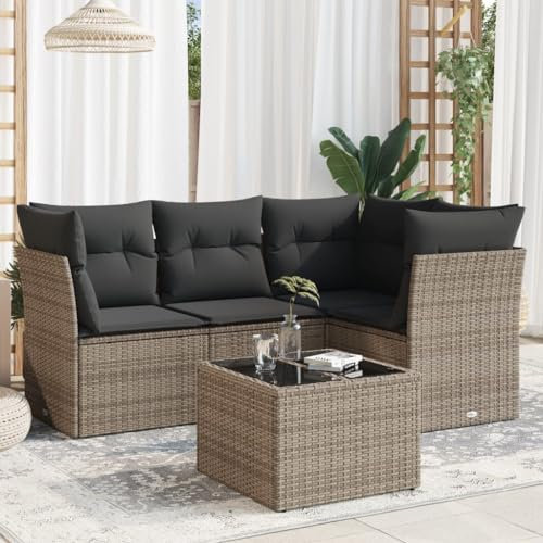 ULUYYUC 5-TLG. Garten-Sofagarnitur, Ecksofa Küchensofa Eckbank Hocker Geeignet für Garten Balkon Hinterhof Außenbereich mit Kissen Grau Poly Rattan