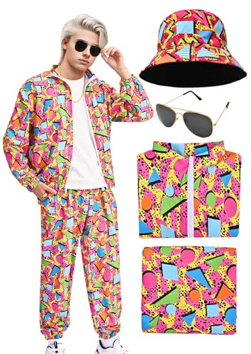 HarnyLoom 80er Jahre Outfit Damen Herren 80er Trainingsanzug Retro Kostüm Jacke Hip Hop Disco Gläser Hut Zubehör Windbreaker Karneval Halloween Party Cosplay (Mehrfarbig, S)