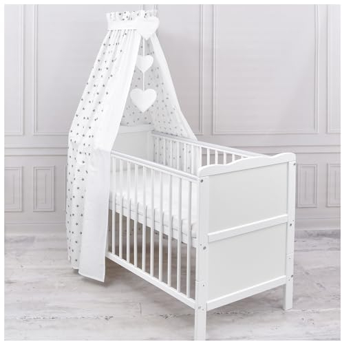 Generisch Baby Delux Babybett Himmel Betthimmel Baumwolle Baldachin für Babybett Kinderbett Wiege Stubenwagen Himmelstange Applikationen Herz Deko (Little Stars White, mit Himmelstange)