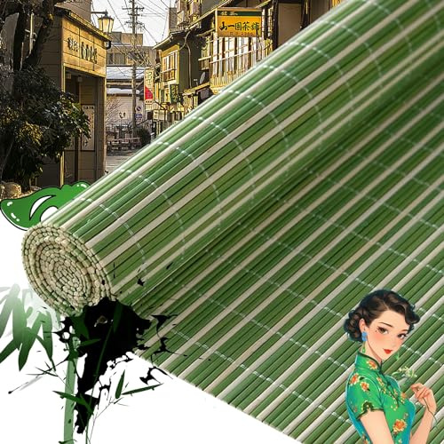 Retro Outdoor Shades for Patio - Bamboo Roller Blinds, Roll Up Shades, Porch Blinds - Green-White