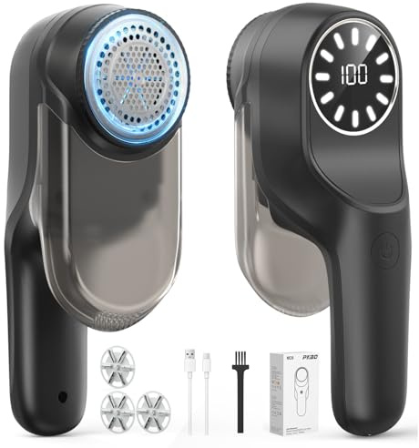 PKBD Large Rechargeable Lint Remover with 3 Extra Blades,Black | LED Display & Large Storage - Easily Remove Fluff, Lint, and Bubbles from Fabrics(1pcs)