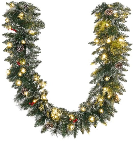 HOMCOM Ghirlanda Natalizia da 1.80 m con 50 Luci LED Bianche, Timer da 6h e Decorazioni, Ghirlanda Luminosa in Plastica e Metallo, 180x30x30 cm, Verde