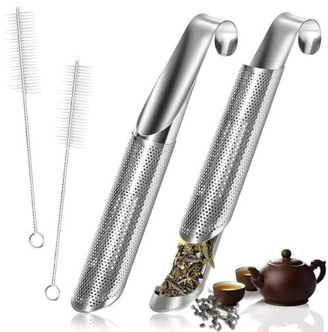 TIVUNORON 2 Stücks Teezerstäuber aus Edelstahl, Feinmaschiges Edelstahl-Teesieb mit Hakengriff für Tee mit 2 Bürste Klammern Stahl, Teezerstäuber Wiederverwendbar für Losen Tee, Rose, Kaffee, Gewürze