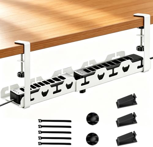 Mimoke Cesta de gestión de Cables Ajustable, sin perforación, Almacenamiento Pesado, Extensible de 40 a 74 cm, Capacidad hasta 15 kg, diseño ventilado, Adecuado para Oficina, Blanco