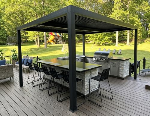 PURPLE LEAF Pergola 3.33 x 4.5 m Alu Lamellendach Entwässerungssystem, Grau | Verdecktes Entwässerungssystem, Verstellbaren Alu-Lamellen, Freistehender Aluminiumrahmen, Einfache Montage, für Garten