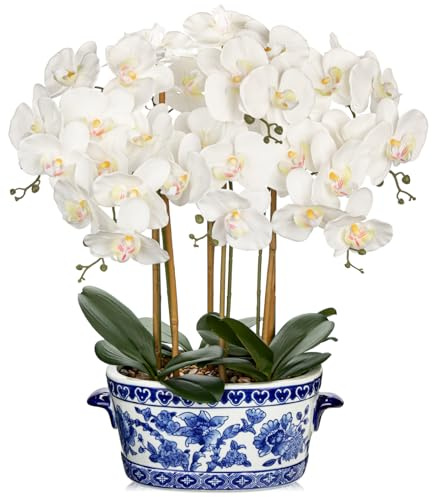 65cm Kunstpflanze Orchideen Groß Künstliche Orchideen im Weiß und Blau Keramik Topf Künstliche Deko Blumen Kunstblumen Wie Echt Mit Real-Touch Blüten Tischdeko Fensterbank Deko Hochzeit Deko