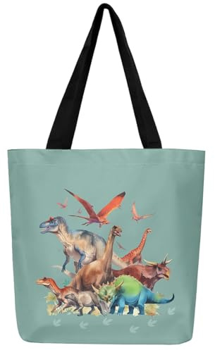 Loussiesd Dino Leinwand Einkaufstasche Erwachsene Dinosaurier Stofftasche 3D Dino Druck Stoffbeutel Wildtiere Tragetasche Grün Einkaufsbeutel Männer Frauen Handtasche Schularbeit Strand