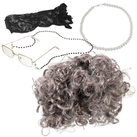 TINEASUR Perücke Für Brille Und Halskette Set Kostüm-requisiten Für Frauen Graue Perücke Mit Realistischen Locken Accessoires Für Cosplay