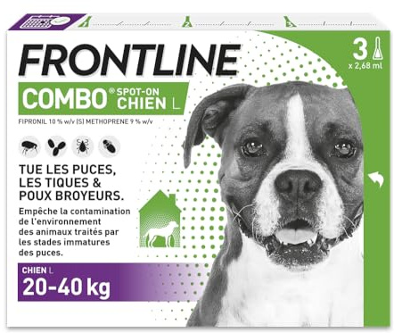 FRONTLINE Combo Chien - Anti Puces, Tiques, Poux broyeurs - Protège L'Habitat* - Élimine Puces Pendant 8 Semaines/Tiques Pendant 4 Semaines - Pour Chien 20 à 40 kg - 3 Pipettes Spot-On