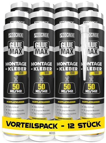 PROCREA® 12x Montagekleber Eco [Haftstarker Baukleber bis 50 kg/qm] Extra starker Kleber für Styropor, Akustikpaneele, Sockelleisten, Holz, Stein, Fliesen uvm. - weiß & überstreichbar