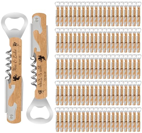 100 Unidades Abrebotellas de Madera Personalizado con Sacacorchos - Detalles de Boda para Invitados en Natural | Abridor de Vino & Regalos Nupciales Multifunción