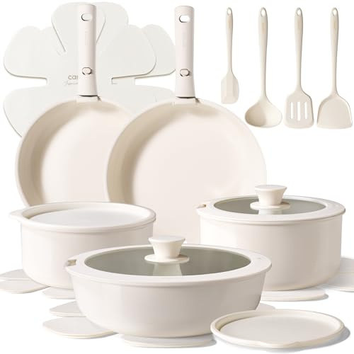 CAROTE 19 Piece Pot and Pan Set, Non-Stick Ceramic Cookware Sets, Oven/Fridge Safe, Space Saving Pot Set, Non-Stick Cooking Set with Versatile Removable Handle