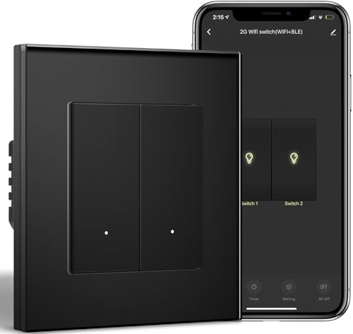 BSEEDLIFE Smart Light Switch,Intelligent WiFi Wall Switch for Smart Home,Compatible with Alexa,Google Home(via Tuya/Smart Life App),2 Gang 1 Way 86 * 86mm,Black