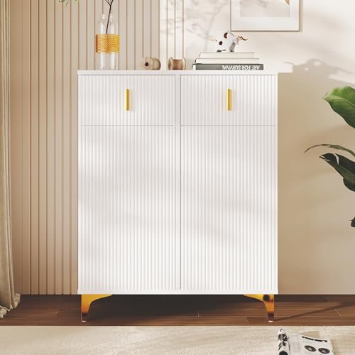 Buffet avec 2 Portes 2 tiroirs Armoire à Chaussures à Panneaux texturés étagères réglables Commode pour Salon Chambre à Coucher Salle à Manger Cuisine Armoire de Rangement Blanc