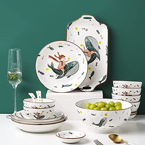 GIQKDZNUO Service de Table 35 pièces, Assiettes et Bols de Style Japonais, Service en Porcelaine Home Creative, Compatible Micro-Ondes, Lave-Vaisselle, pour 6 Personnes