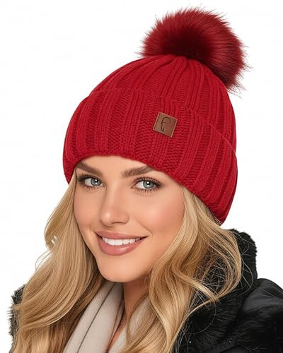 Baesics stickad mössa med tofs för kvinnor och män – varm unisex vintermössa med fleecefoder och fuskpäls pompon en storlek – beanie-stil, röd, one size