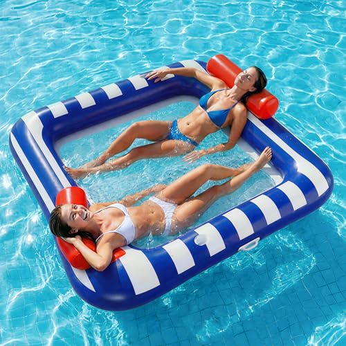 Funscape Large Inflatable Pool Floats, Water Floating Hammock Tanning Pool Lounger for Adult, 76 x 67 Sun Bathing Tan Bed, Swimming Water Raft Floatie W/Mesh Mat, Summer Beach Lake Party Gift Blue