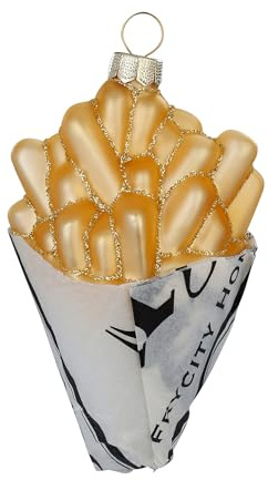 Christbaumschmuck Glas 10cm - Pommestüte Figur zum Aufhängen - Weihnachtsbaum Anhänger für Weihnachten - Christbaumanhänger & Weihnachtsbaumschmuck - Essen Fastfood Pommes Frites Gelb Weiß