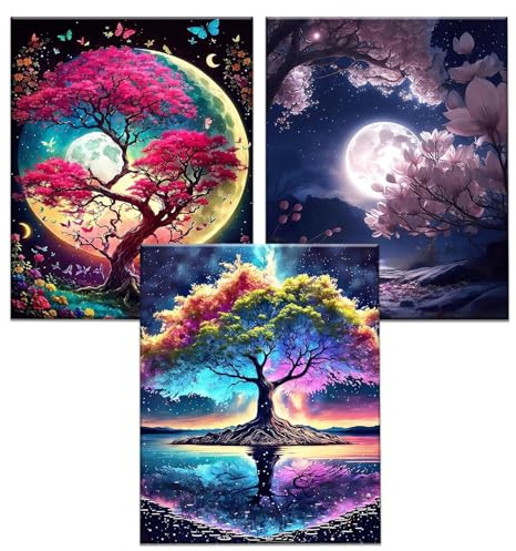JATOK 3 Pack Paint by Numbers for Adults, Fantasy Trees Moons, 40 x 50 cm | Multipack rolled coloured canvas kits, acrylic painting kit, beginner DIY craft, unframed wall décor, 16 x 20 in